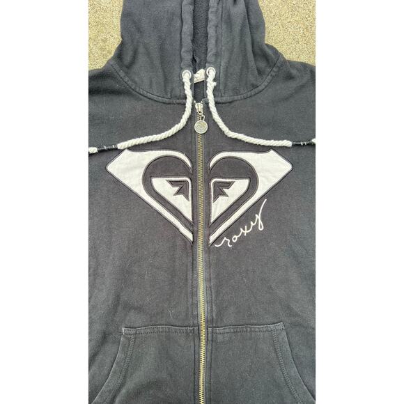 Y2K Roxy Sweater Women Size Large Black Hooded Zip Up Drawstrings Sweatshirt - Picture 3 of 6